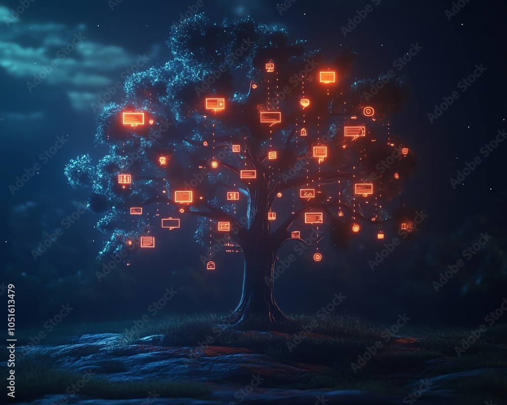 Poster Creative 3D rendering of a lineage tree featuring user symbols and speech bubbles, highlighting the concept of personal data and social connections in an abstract dark setting