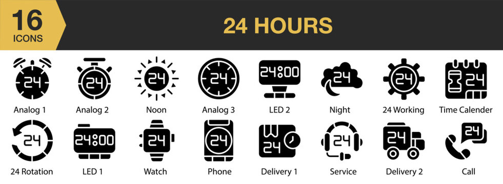 24 Hours solid icon set. Includes watch, calendar, service, phone, noon, night, led, and More. Solid icons vector collection.