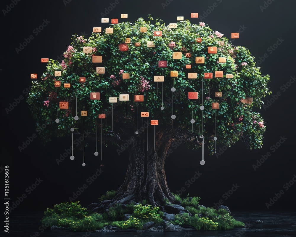 Poster creative 3d rendering of a lineage tree featuring user symbols and speech bubbles, highlighting the 