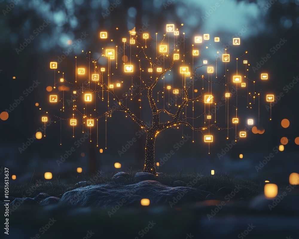 Poster creative 3d rendering of a lineage tree featuring user symbols and speech bubbles, highlighting the 