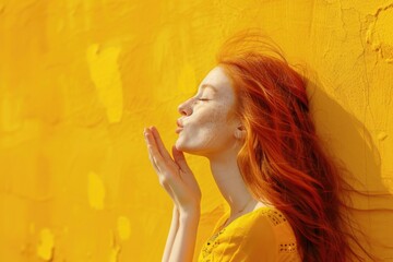 Obraz premium A woman with distinctive long red hair stands in front of a bright yellow wall, conveying a sense of vibrancy and energy