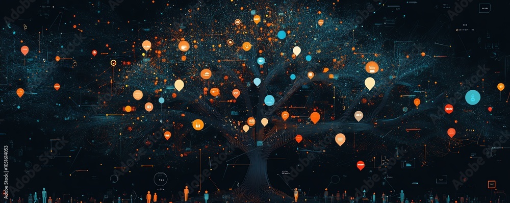 Poster detailed image of a digital lineage tree adorned with user icons and speech bubbles