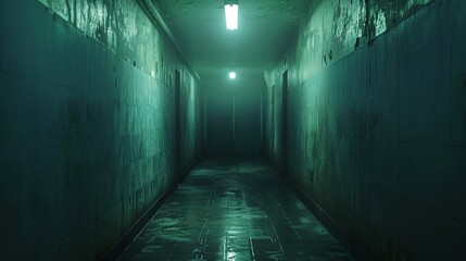 a long dark hallway with a light at the end of it