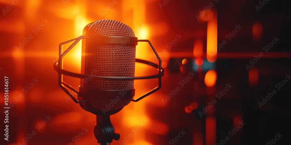 Poster A close-up shot of a microphone with a bright red light shining in the background, ideal for use in presentations, concerts, or studio settings