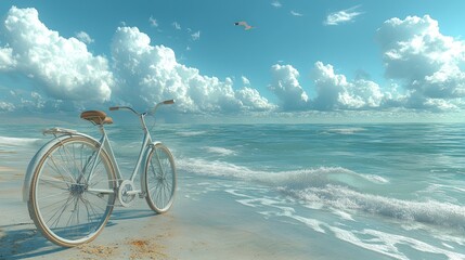 Fototapeta premium A White Bicycle Parked on a Sandy Beach with a Seagull Flying in the Sky