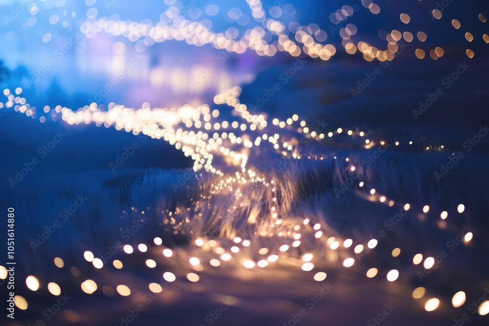 Poster blurry lights create a magical path through the grass.