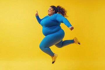 Fototapeta premium A woman leaps into the air wearing a blue garment, conveying energy and movement