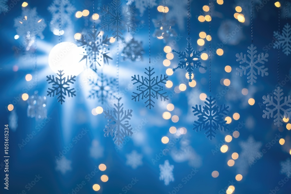 Aufkleber White snowflakes hanging on strings against a blue background with bokeh lights.