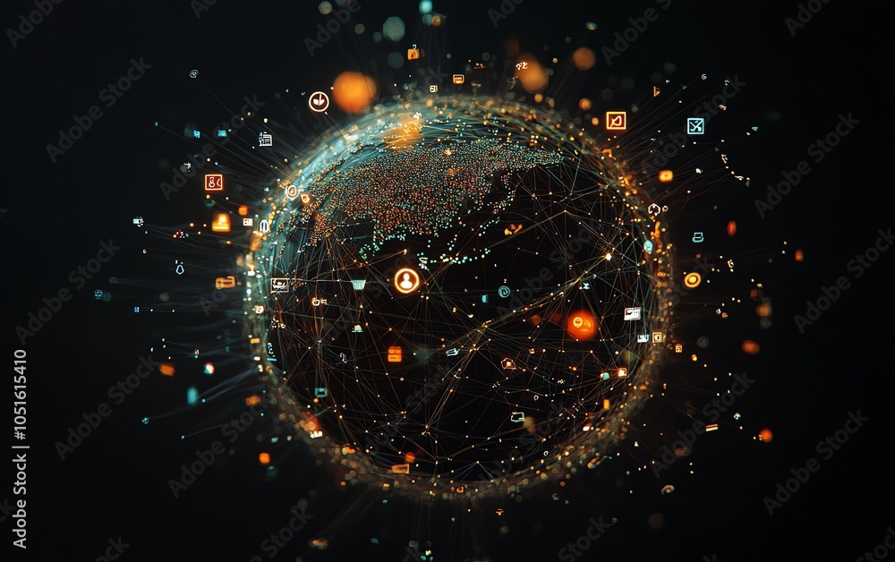 Aufkleber Engaging 3D visualization of a world map globe adorned with interconnected digital user icons and lines, emphasizing the themes of global communication and social networks