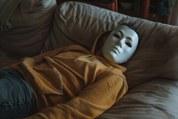 A person wearing a face mask lies down on a comfortable couch, possibly during self-care or relaxation time