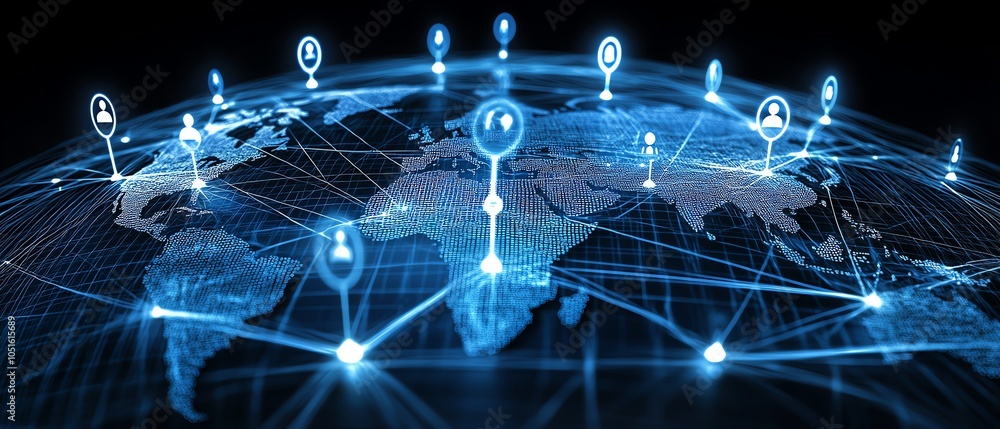 Poster Eyecatching 3D visualization of a globe with digital user icons connected by lines, highlighting global communication and social networking themes on a deep dark blue background