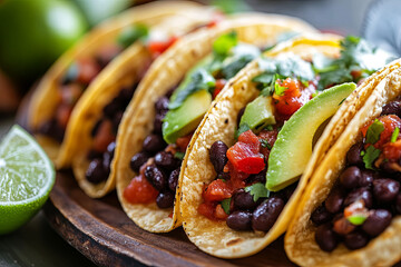 Vegan tacos with black beans, avocado, and salsa served with lime wedges