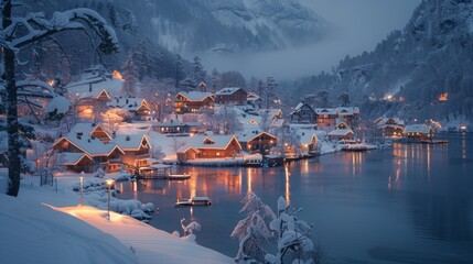 Winter season. A snow-covered winter wonderland with a charming village and illuminated holiday lights, setting the scene for a magical Christmas evening