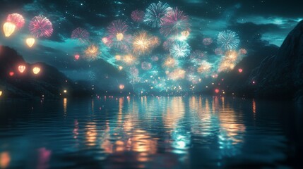Fototapeta premium Glowing Reflections Over Calm River at Midnight