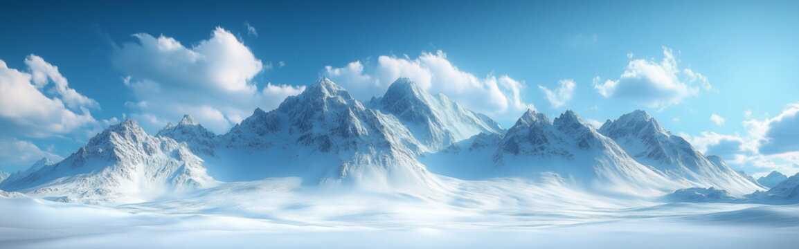 A magnificent mountain range covered with snow. A panorama of alpine areas. A tranquil winter natural landscape with nobody.
