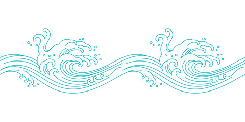 oriental ocean sea waves line art seamless pattern