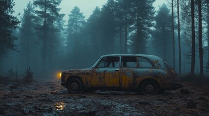 An old rusty car in a foggy forest.