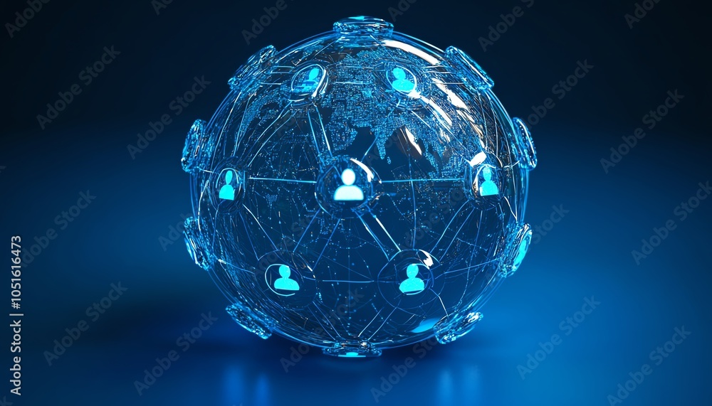 Poster Professional 3D rendering of a globe with digital user icons linked by lines