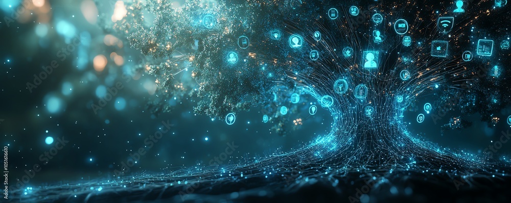 Fototapete Professional 3D rendering of a digital graphic tree showcasing user symbols and speech bubbles