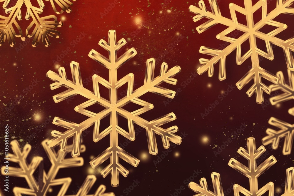 Poster golden snowflakes on a red background with a blurred effect