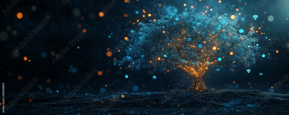 Poster professional 3d rendering of a digital graphic tree showcasing user symbols and speech bubbles