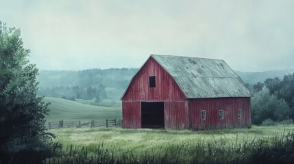 A rustic red barn stands in a green field surrounded by tall trees