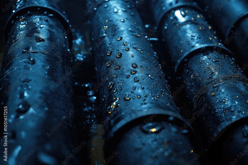 Poster a detailed view of metallic pipes with intricate details and textures