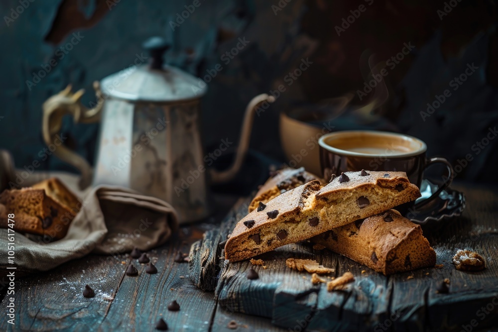 Poster a plate of assorted cookies with a cup of coffee on a table