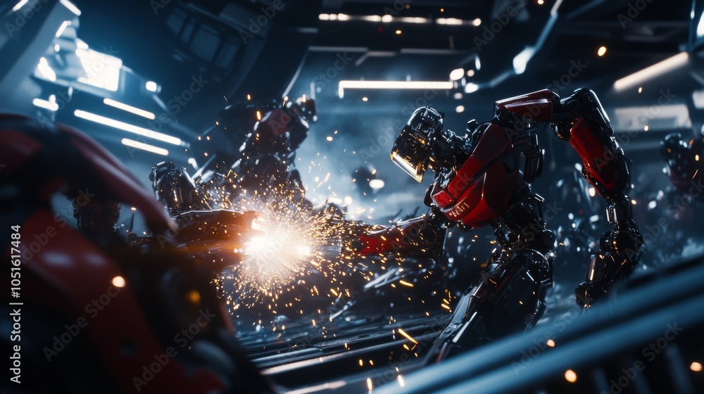 Poster futuristic robots engaging in dynamic workshop scene