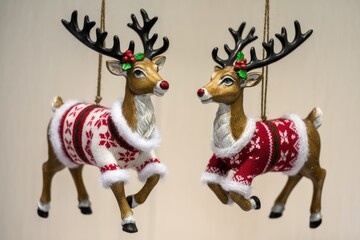 Fototapeta premium Two reindeer ornaments wearing red and white knitted sweaters.