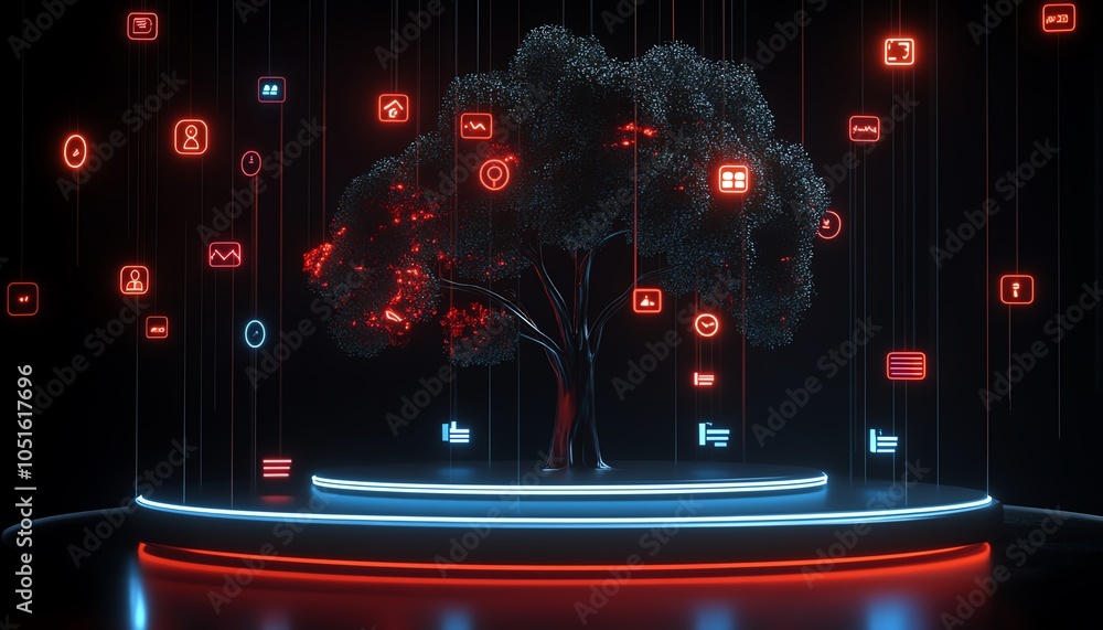 Poster vivid 3d image of a lineage tree with user symbols and speech bubbles, illustrating the concept of p
