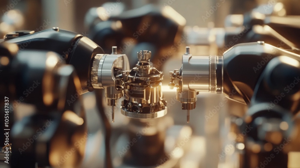 Poster robotic arms collaborating in a modern factory setting