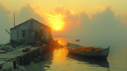 Obraz premium A Rustic Wooden Shack on the Shoreline at Sunrise