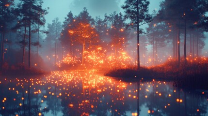 Fototapeta premium Serene Forest with Glowing Reflections on a Lake