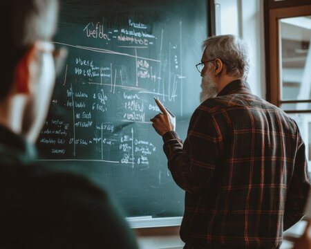 Professor writing a formula on a chalkboard in a classroom, explaining complex concepts to students