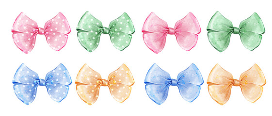 Bows. Vintage vector watercolor illustrations of green, pink, yellow, blue ribbons tied bow