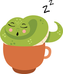 Fototapeta premium Cute green snake sleeping inside a cup