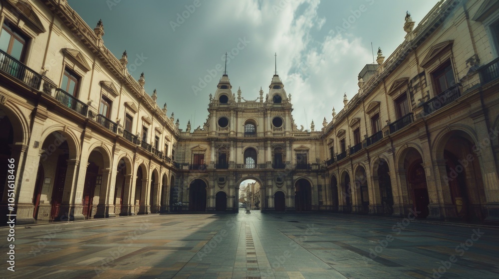 Poster A large building with arches and a clock tower, suitable for use in architectural or cityscape images