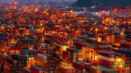 Obraz premium Vibrant Container Port at Night with Illuminated Crates