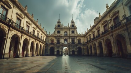 Obraz premium A large building with arches and a clock tower, suitable for use in architectural or cityscape images