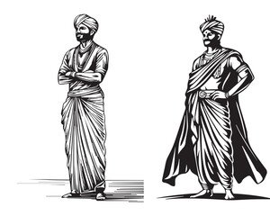 Fototapeta premium set of Hand-Drawn Vintage Style Portrait of Indian Man in Traditional Robe and Turban
