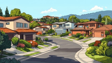 Obraz premium A street with houses and trees, ideal for use in real estate or residential illustrations