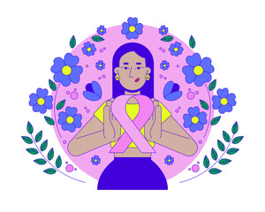 Middle eastern feminist movement of pink ribbon 2D illustration concept. Breast cancer solidarity. Turkish woman femininity cartoon character isolated on white. Metaphor abstract flat vector graphic