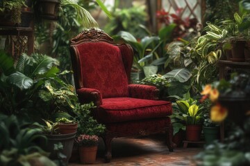 Fototapeta premium A single red chair placed among potted plants in a serene garden setting, great for decorating or illustration
