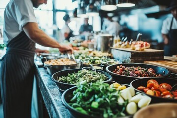 Obraz premium A chef prepares food in a busy restaurant kitchen