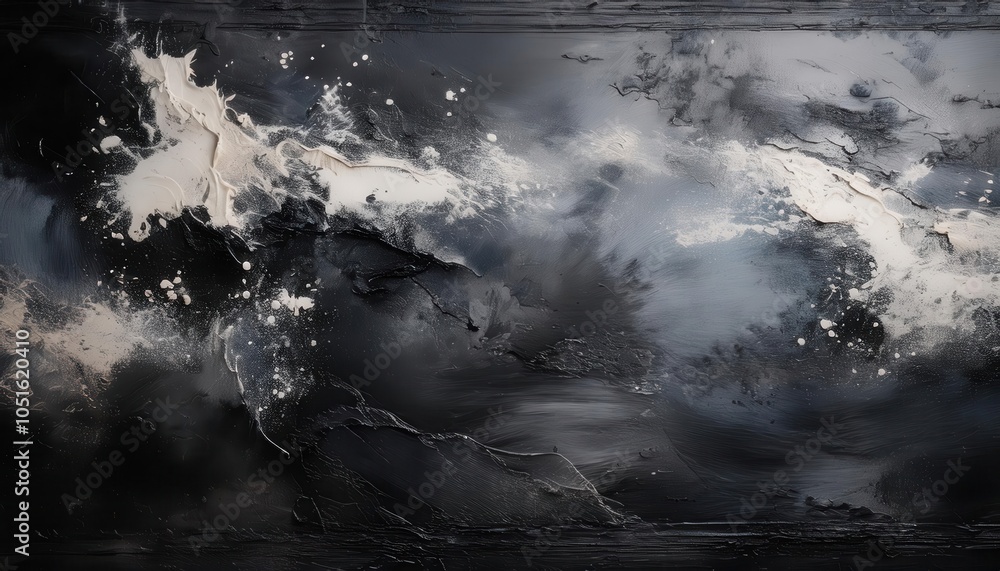 Poster dynamic abstract dark sky texture with bold white paint splashes and fluid smoky swirls, evoking cos