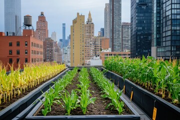 Fototapeta premium An eco-friendly urban farm rooftop with rows of corn growing in planter boxes, city skyscrapers in the background, highlighting sustainable urban agriculture