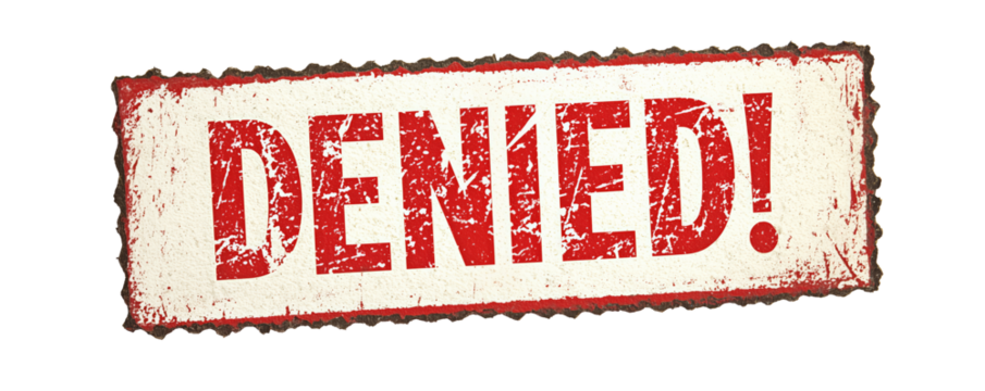 Red 'DENIED' stamp with a vintage, distressed effect and torn edges, symbolizing rejection or disapproval on a textured white background