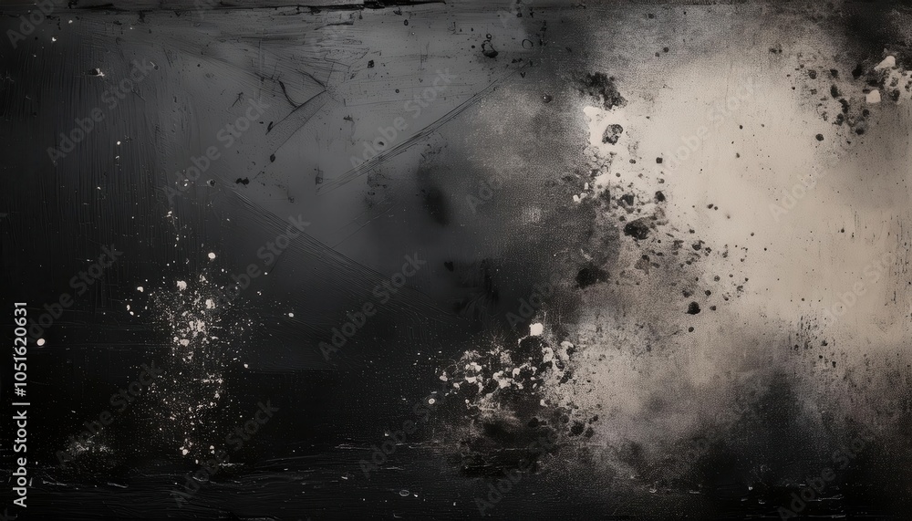 Poster dynamic abstract dark sky texture with bold white paint splashes and fluid smoky swirls, evoking cos
