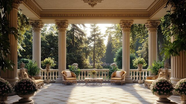 Classic Portico with Sunlit Garden View